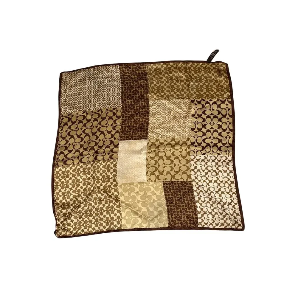 Coach Silk Scarf Signature C Brown Tan Patchwork Square 20x20